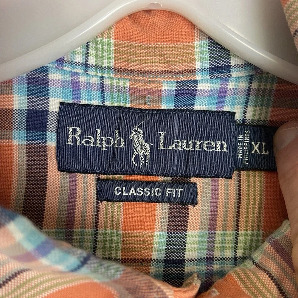 Ralph Lauren Classic Fit Shirt Mens XL Orange Plaid Button Down Pony Logo Cotton